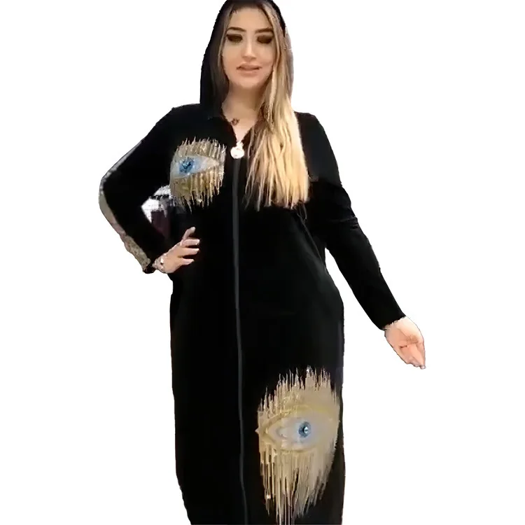 Hifive Plus Size Velvet African Dress Women Abaya Africa Clothes Black Sequins Dashiki Women Clothing Ankara Muslim Hooded Robe