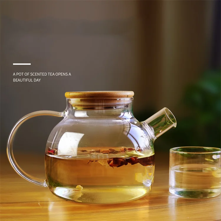 wholesale transparent 2 in 1 tea maker bamboo lid borosilicate 600ml 1000ml 1500ml 1800ml glass teapot flower tea