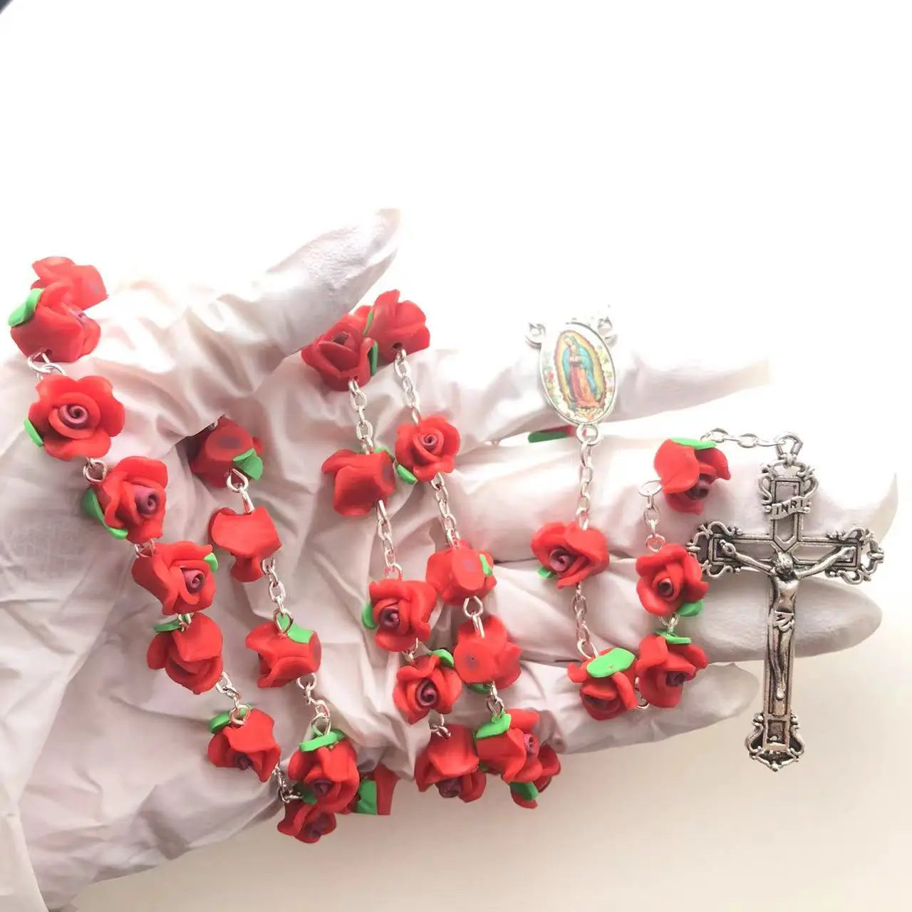 Red soft ceramic rose beads rosary polymer clay necklace with Jesus cross Virgin Guadalupe rosary center