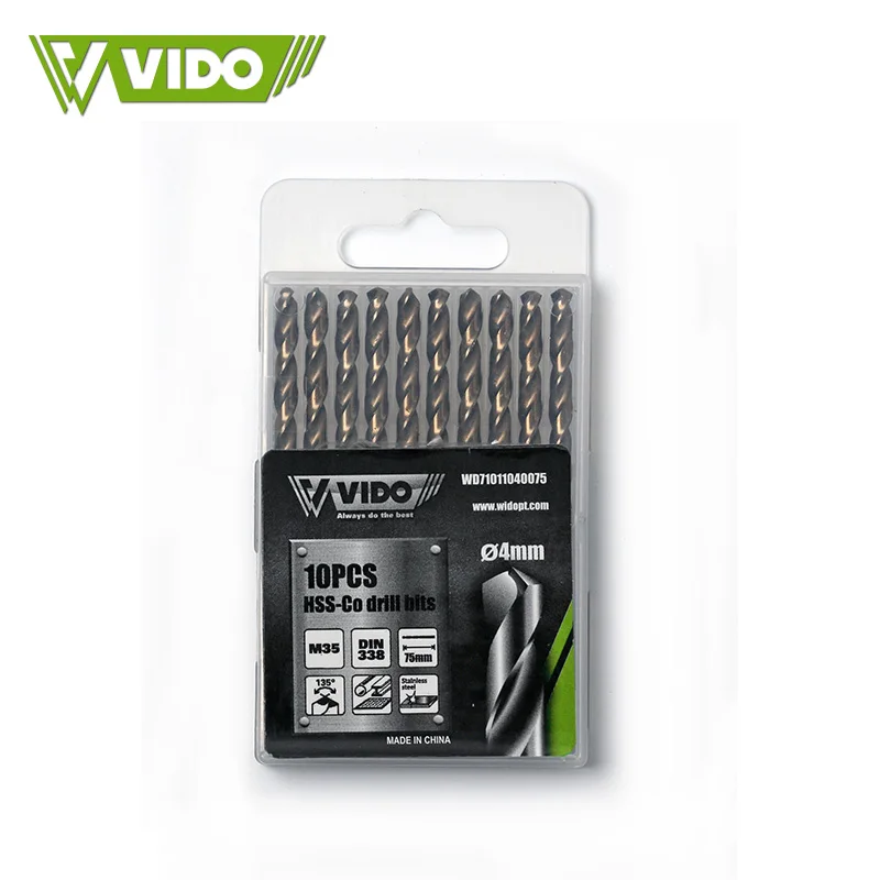 VIDO 4mm M35  4341 Din338 HSS Titanium Color HSS High Speed Steel Drill Bits