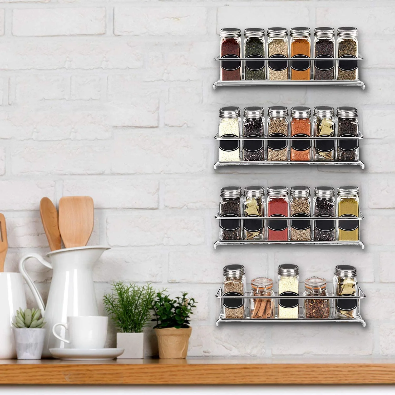 Punch-free Kitchen Fridge Cabinet Spice Rack Organizer Iron Wall Mounted Chrome 4 Tier Hanging Shelf for Spice Mason Jar