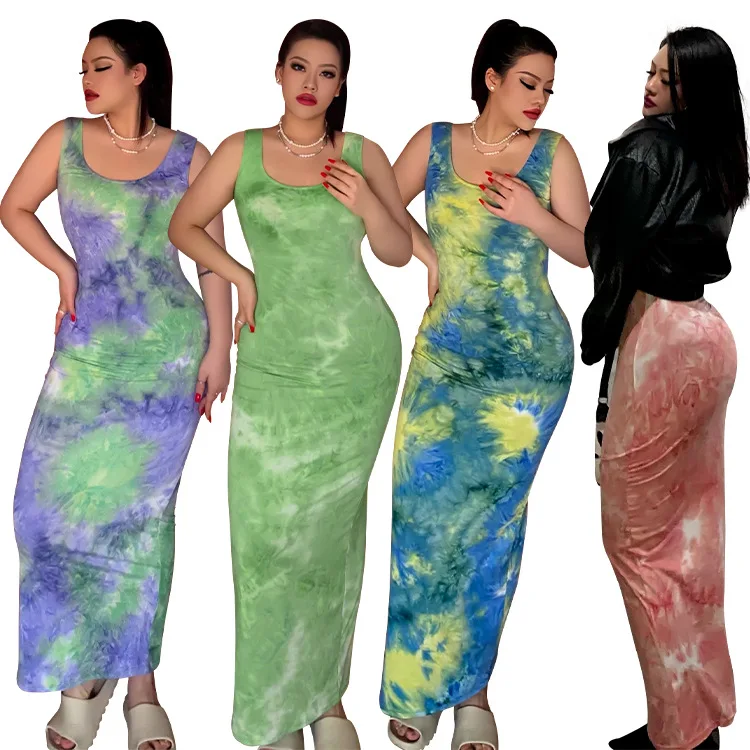 Summer Tie Dye Crew Neck Sling Sexy Hip Pullover Elegant Sexy Sleeveless Bodycon Midi Long Women Dresses