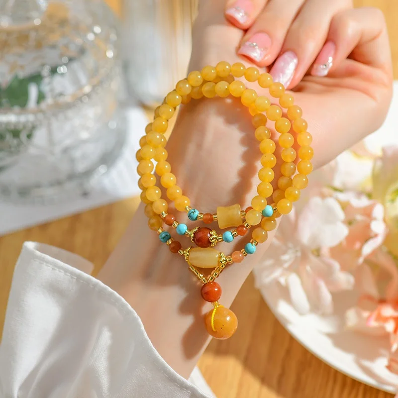 Gold filigree jade multi loop bracelet safety clasp pendant new Chinese China-Chic national style Buddha beads beads bracelet