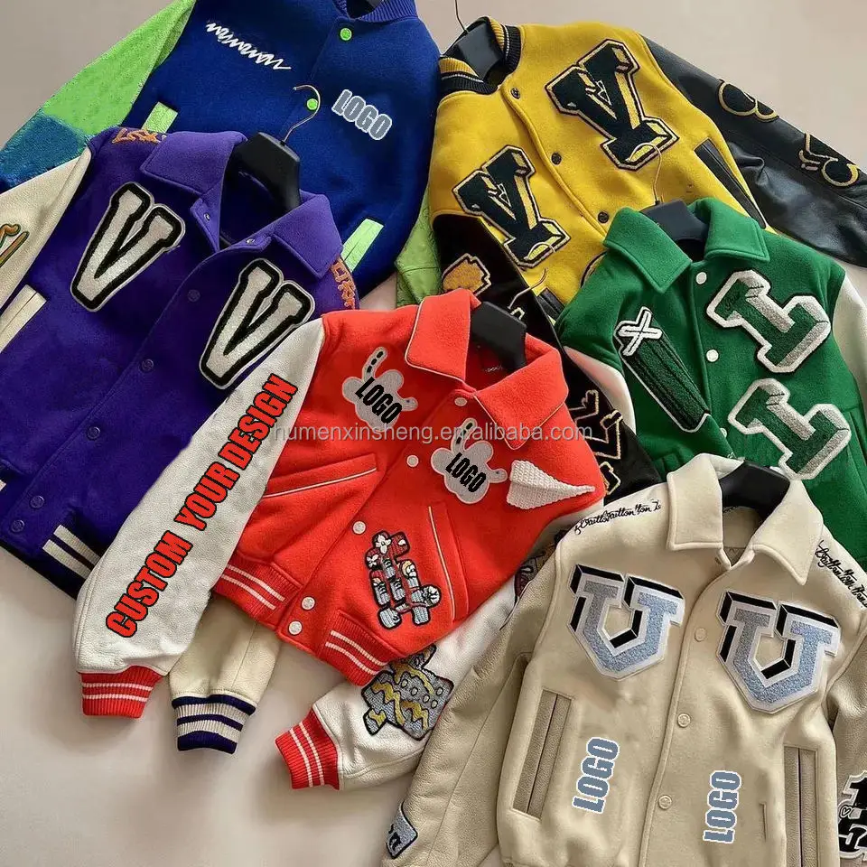 Chaqueta universitaria personalizada con logotipo de Letterman chaquetas con parches a rayas bordadas