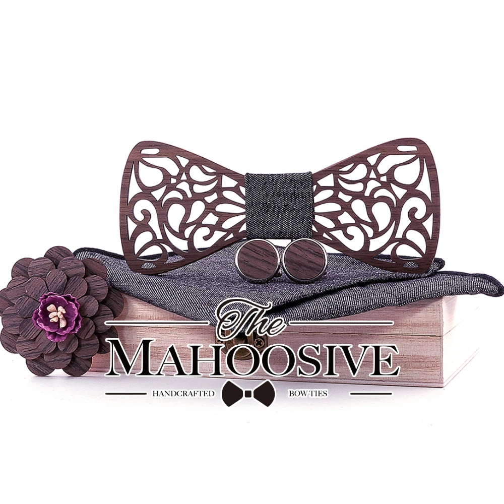 
New design Grey Black Wood Bow Tie Butterfly Type Floral Bow ties Brooch Cufflinks Geometric Wooden Hollow Casual Bow ties 