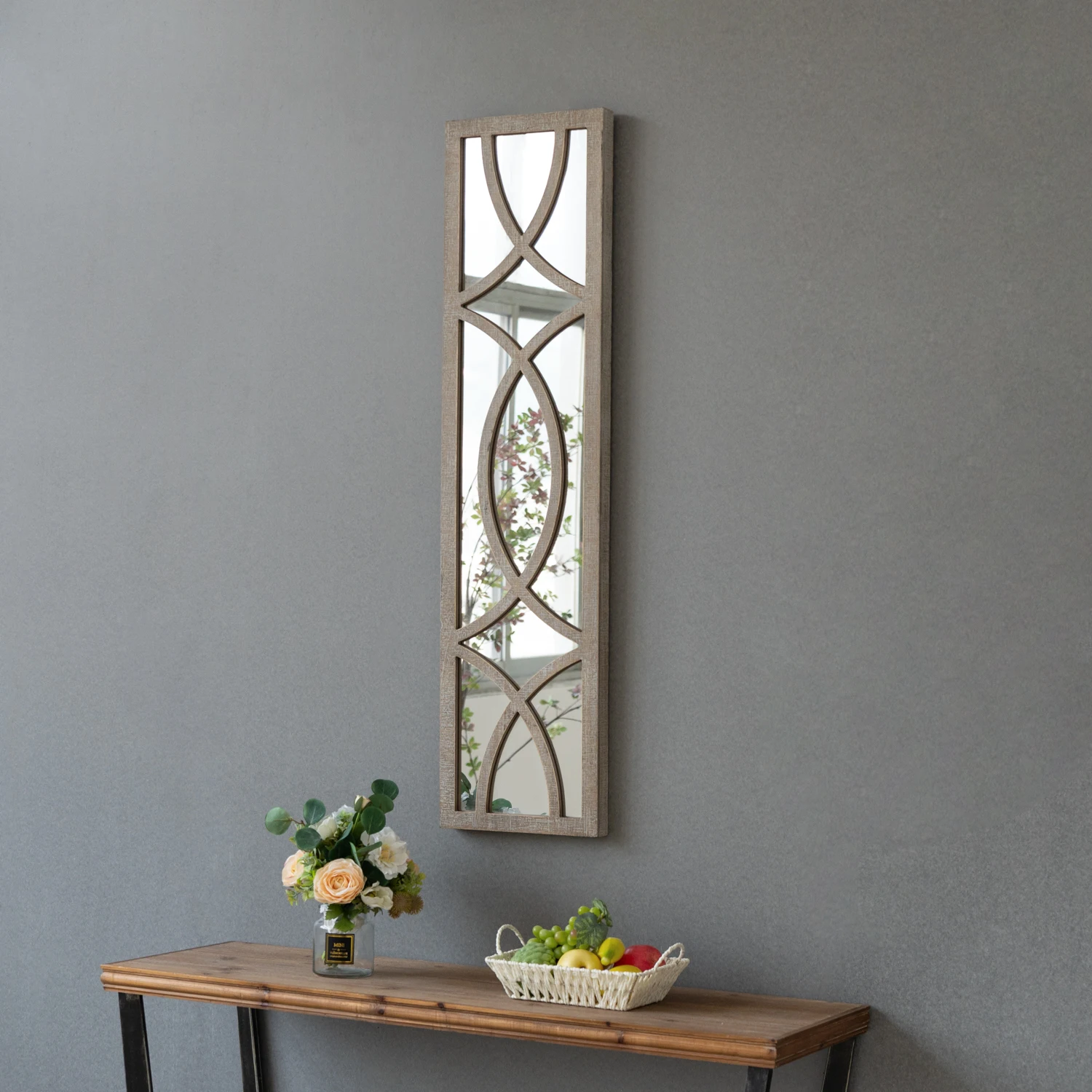 YUNFEI Wood Carved Frame Wall Mirror Farmhouse Black Arch Mirror Wood Round Wall Mirror 55