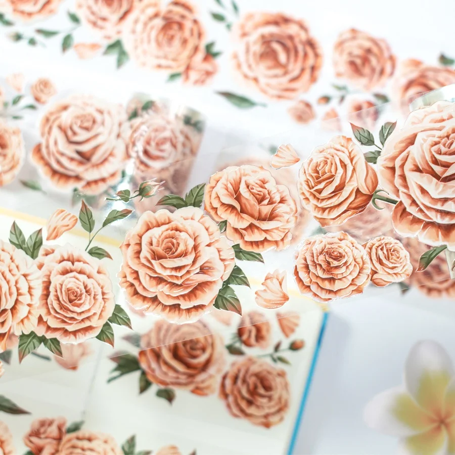 2m Vintage Flower PET Tape More than 15 pieces 3D Scrapbooking Sticker Transparent PET Tape Wholesale Journaling Stickers