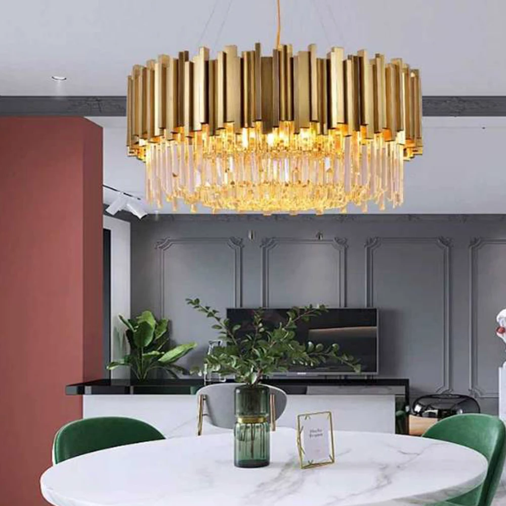 Modern living room decorative round copper brass crystal gold chandeliers pendant light