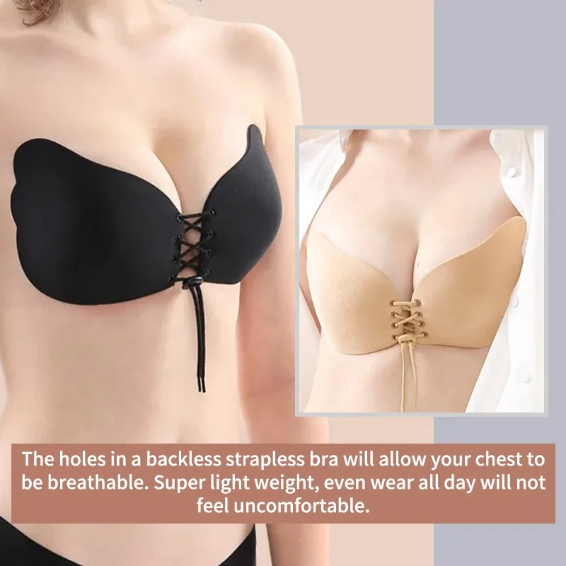 Lala Goddess Front Strap Seamless Strapless Bra Gather Push Up Lightweight Adhesive Silicone Nipple Covers For Women Reusable