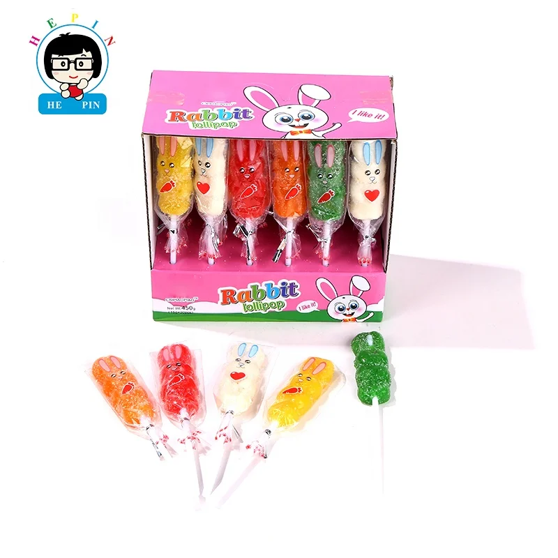 Wholesale Halal Rabbit Shaped Soft Candy Lollipop Cute Cartoon Assorted Fruit Flavor Bunny Gummy Candy