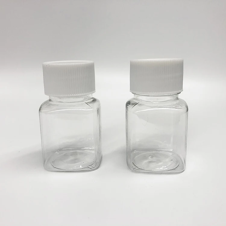 Empty plastic 30g 1oz clear square bottle for packaging capsules pills medicines samples, 30ml liquid bottle vial container