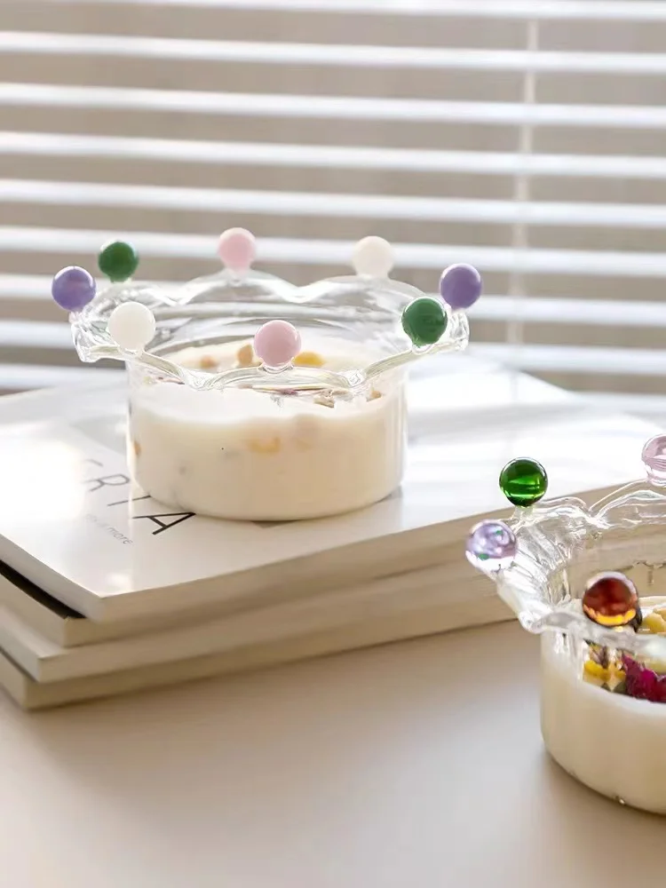 Custom Made Hand Blown Heat-resistant Borosilicate Glass Clear Dessert Plate with Multicolored Balls