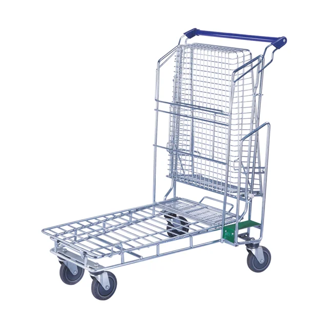 KAIJIA 2-tier metal folding shopping cart warehouse transport steel cargo logistic trolley flat trolley