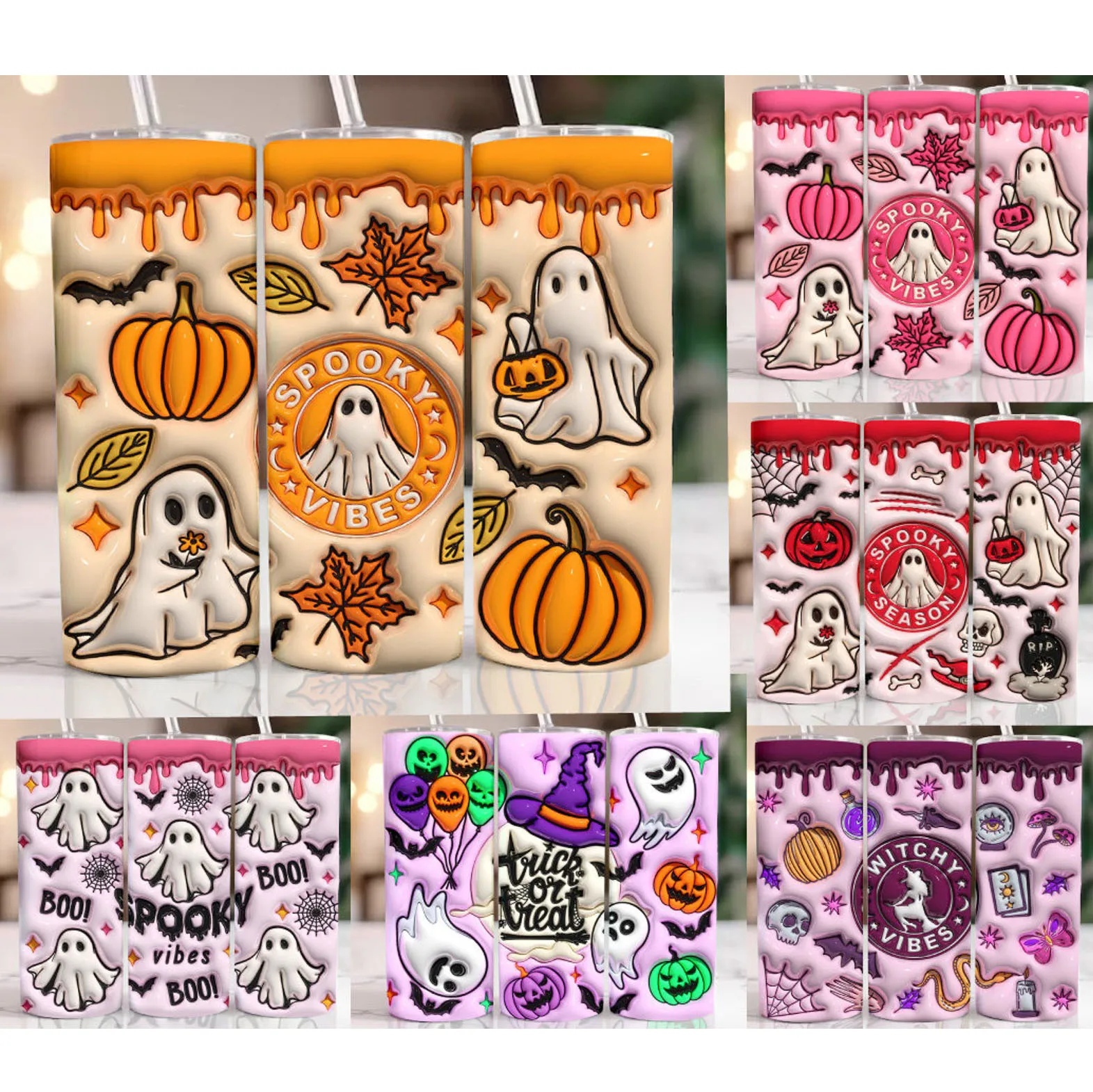 custom design tumbler 3D Inflated Spooky Season Vibes pumpkin Skinny insulated 20oz Stainless Steel outdoor coffee mugs Tumbler