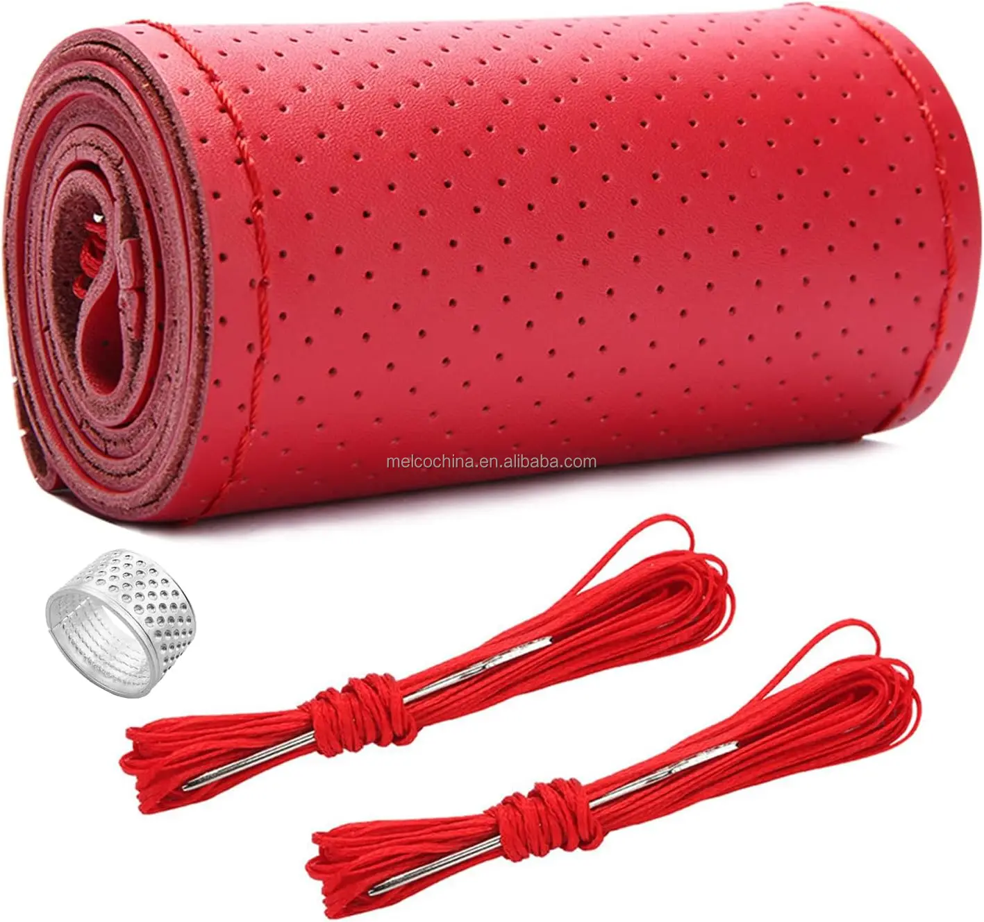 MELCO 2244 Genuine Leather,Red Hole Needle Thread Stitch on Wrap for Max Diameter 15 Inch, DIY Sewing Steering Wheel Cover