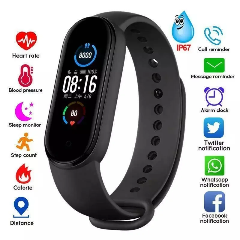 M5 color screen smart bracelet sports pedometer, heart rate, blood pressure, caller information reminder, multi-function watch