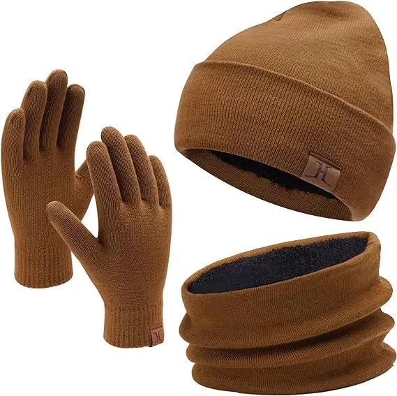 Custom Beanie Gloves Neck Warmer Set with Warm Knit Fleece Lined Winter Beanie Hat With Scarf Gloves Set