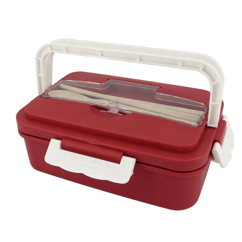 Student Lunch Box with Tableware and Handle Wheat Straw Plastic Colored Take Out Food Storage Tiffin Box Easy Carrying Bento Box
