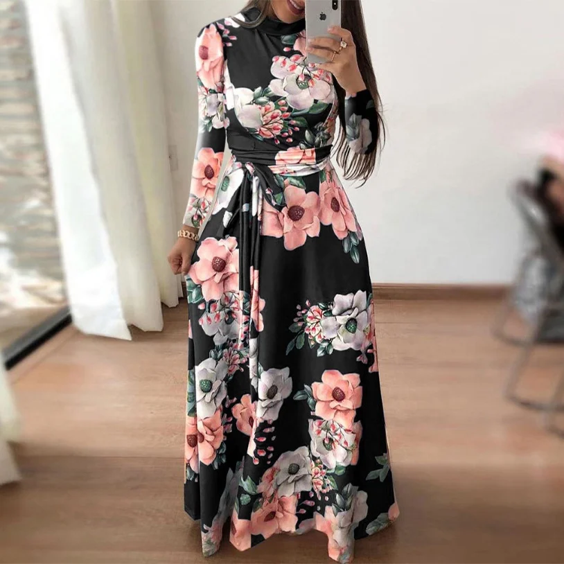 Women Summer Casual Long Skirt Sets Boho Floral Print Maxi Dress Turtleneck Bandage Elegant Dresses