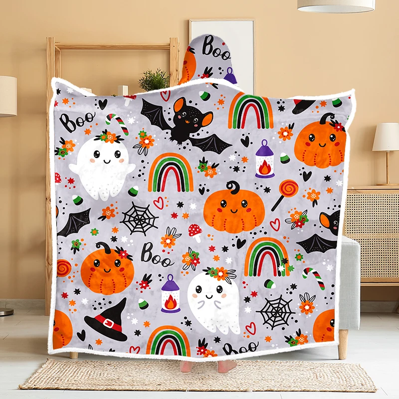 2024 Newest Halloween Design Wearable Poncho Blankets Custom Printed Fleece Wholesale Hoodie Blanket