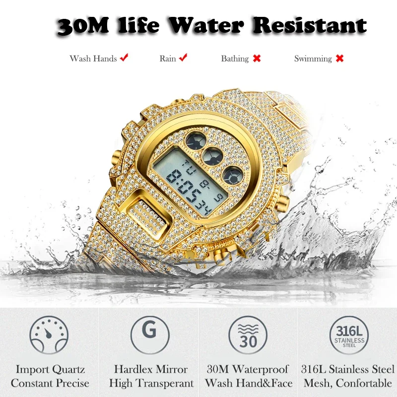 missfox Men Watch Hip Hop Iced Out Stainless Steel Multifunctional Digital Watches Luxury Diamond G Style Shock Resistant Clock