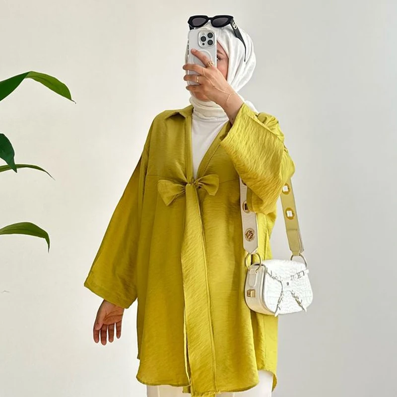 2024 Custom Cotton and linen Premium Micro crepe Hijab Bow tie shirt comfortable long sleeve Islamic Fashion hijab and shirts