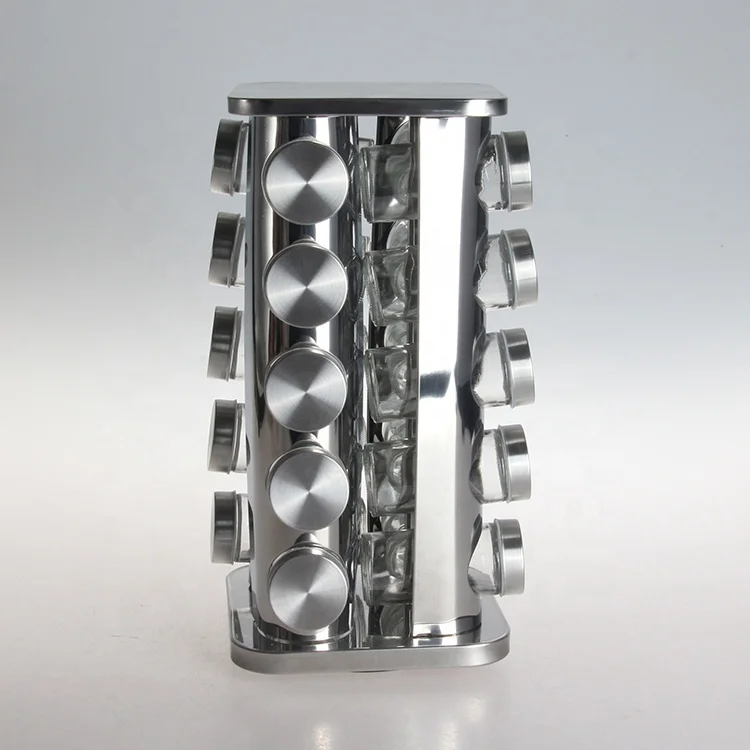 wholesale food grade decorative rotating glass spice jar bottle rack set with plastic stand and screw lid