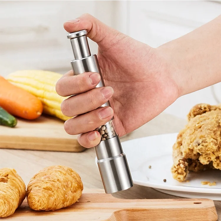 Pepper grinder one hand mill manual press bottle pepper grinding ss refillable spice grinder mill for salt pepper and seasoning