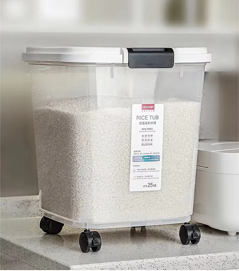 25kg moisture-proof transparent plastic sealed rice flat barrel with lid Kitchen Grain Storage With Four Wheels
