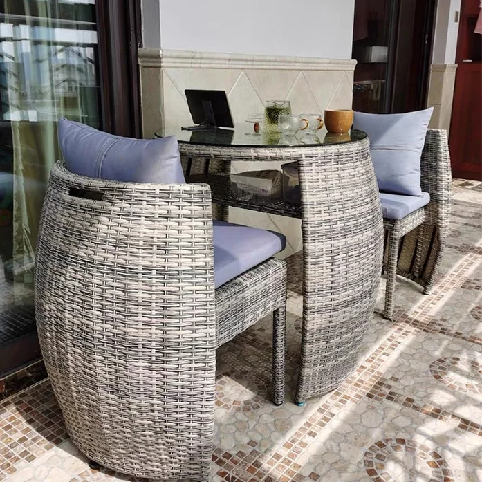 Simple  Outdoor Furniture Multifunctional Wicker Balcony Small Table And Chair Patio Rattan Coffee Table Set