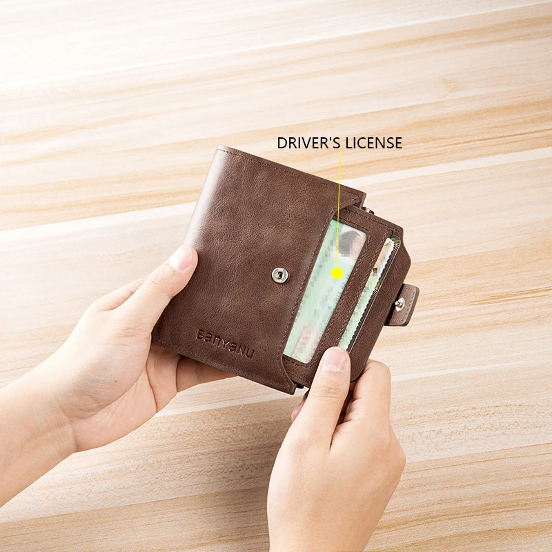 BANYANU fashion genuine leather RFID mens money clip wallet with zipper and hasp