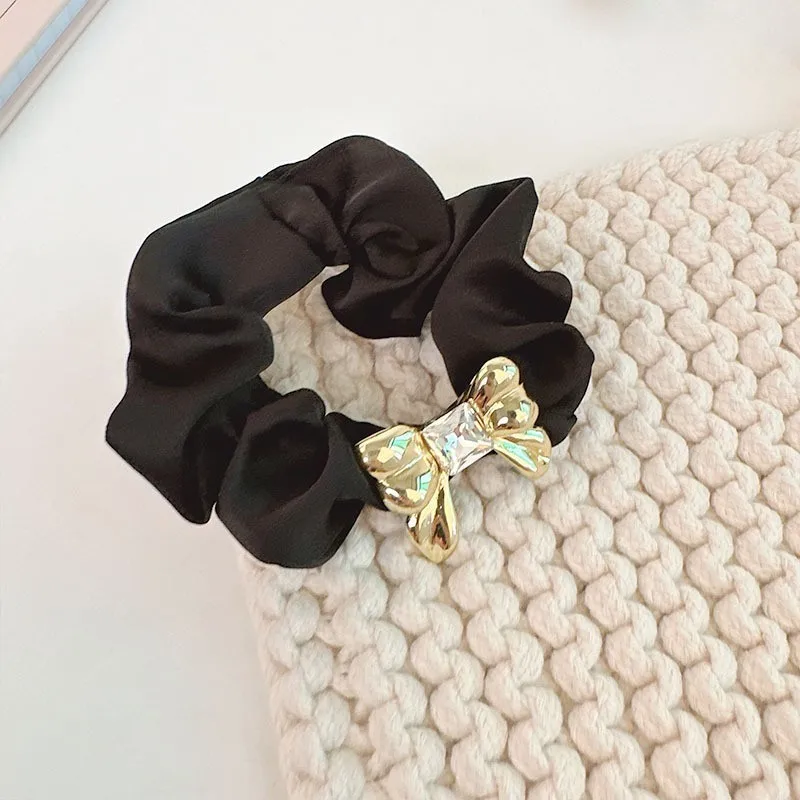 Golden Rhinestone Bows Satin Fabric Hair Scrunchies Elastic Hair Bands For Women Girls Ponytail Holder Hair Ties