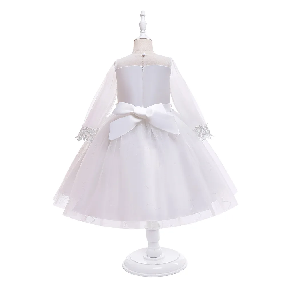 White flower girls birthday party long sleeve embroidery lace piano performance puffy tulle princess dress