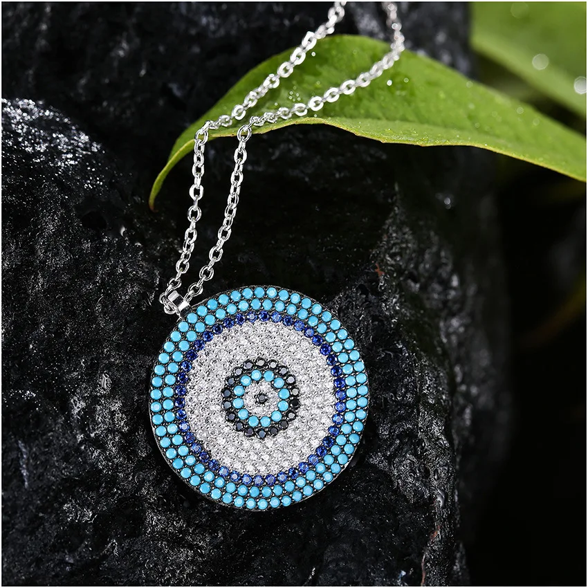 Women Mati Turkish Evil Eye Round Greek Nazar Hamsa Eye 925 Sterling Silver Pendant Jewelry Necklace