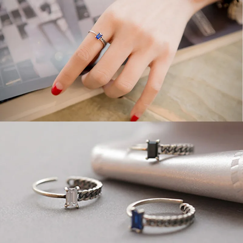 925 sterling silver open ring square black agate retro versatile Korean sterling silver ornaments versatile single products