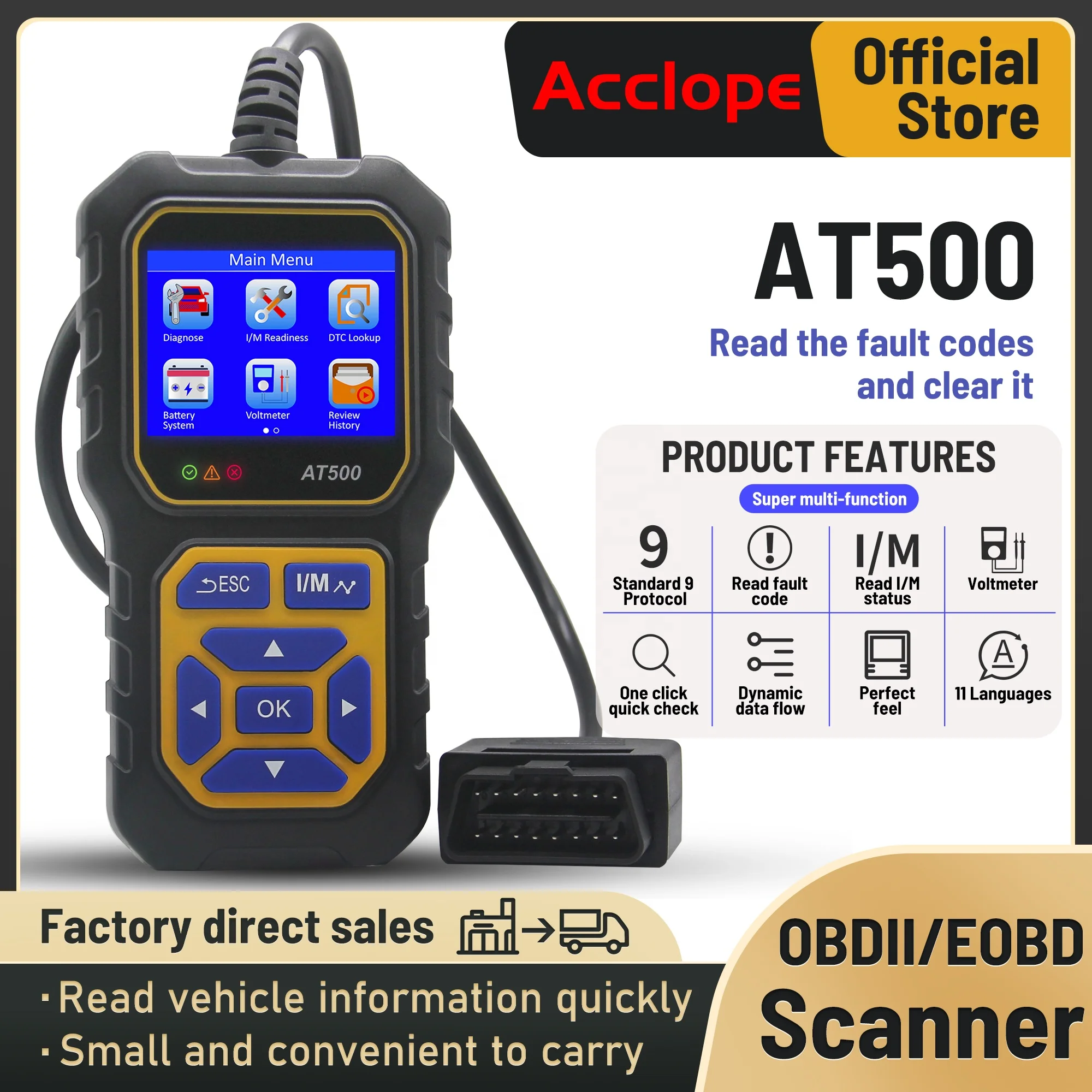 OBD2 Scanner, AT500 OBD2 Scanner Diagnostic Tool Car Engine Fault Code Reader & Erase Check Engine Light Car Scan Tools for Most