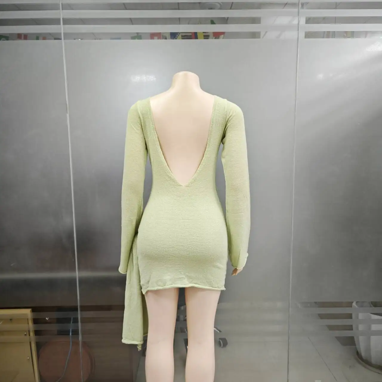 STOCK 3Colors High Neck Knitted Women Dress Bodycon Long Sleeve 3D Flower Dress Open Back Party Dress