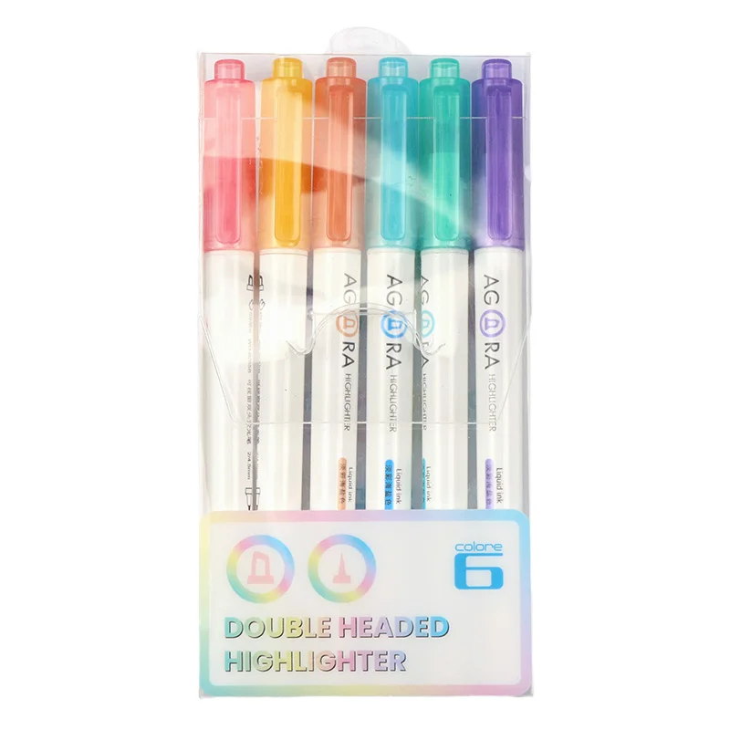 6 Pack Dual Tip Transparent Nib Highlighters, Pastel Color Highlighters, Non-Toxic and Smooth Writing Markers