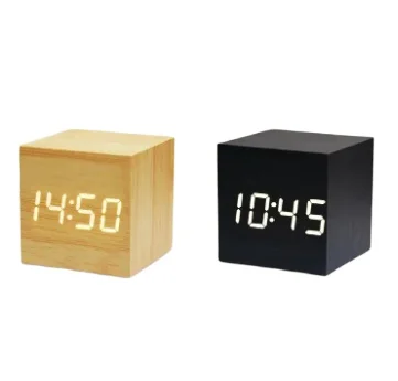 Mini Cube Wooden Clock Voice Control Electronic Desk Clock with LED Digital Table Watch Snooze Cute Alarm Clock fo