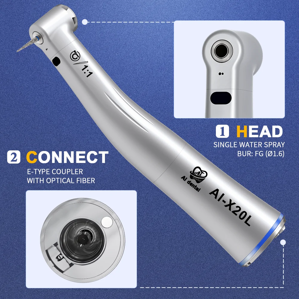 AI-X20L 1:1 Direct Drive  Low Speed Fiber Optic Single Spray For FG burs (1.6) Contra Angle Dental Handpiece Electrical motor
