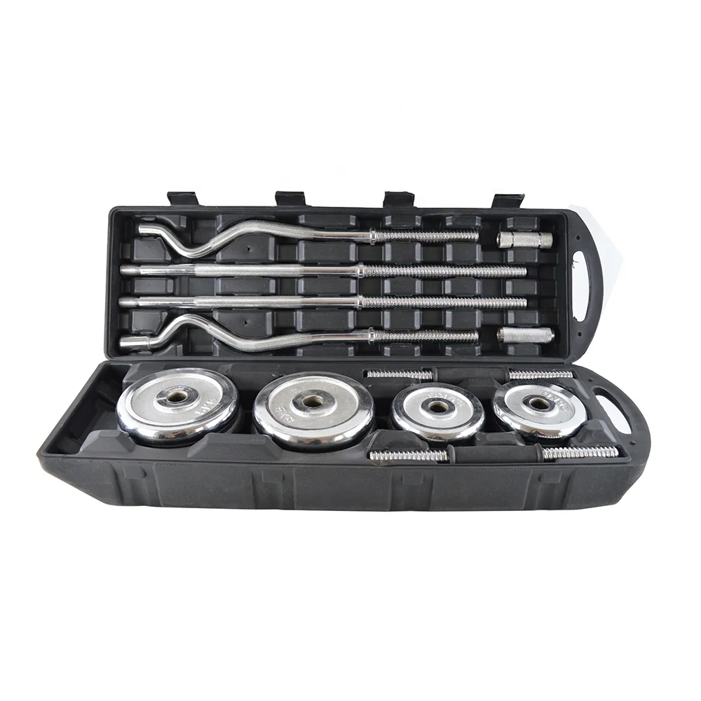 Weight Lifting Free Weights Adjustable 55kg Black Paint Barbell Dumbbell Set with Case