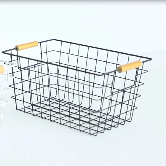 Wholesale powder coated white color metal toys organizer baskets with wood handle kitchen wire fruit vegetables storage baskets