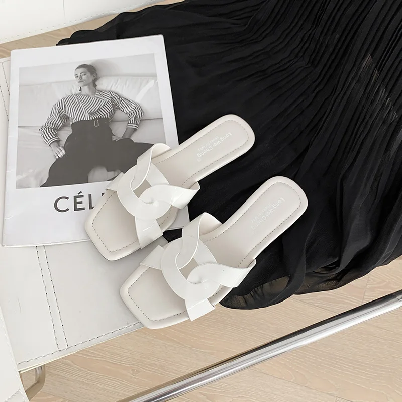 Cross-Woven Slippers Heels for Ladies 2022 Patent Leather Women Rubber Slippers Square-Toe Beach Hollow Plane Slipper