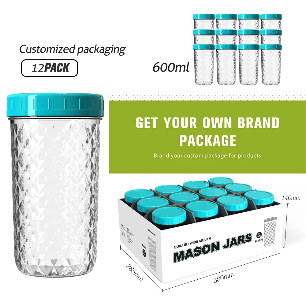 Wholesale 600ml 20 oz Glass Mason Jars With plastic Lids Canning Jars for Jam Honey Cookie Jelly Pickle Caviar chilli sauce