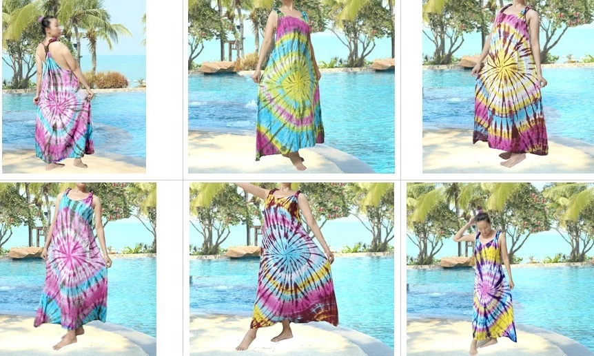 vintage retro thai style HIPPIE BOHO tie dye handmade polka dot butterfly knot kaftan tank long maxi dress