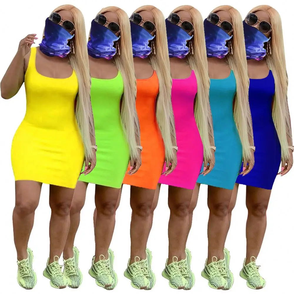 
Big Discount On Sales 2021 women dresses summer clothes women solid color bodycon dress 2021 women neon green midi dress 