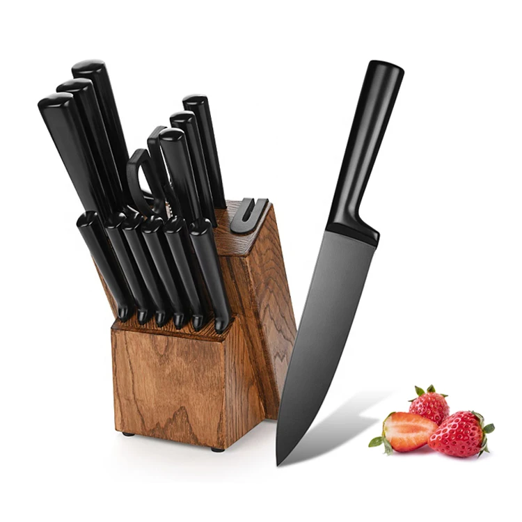 14pcs Custom Black Kitchen Knife Sets with Self Sharpening Wooden Block