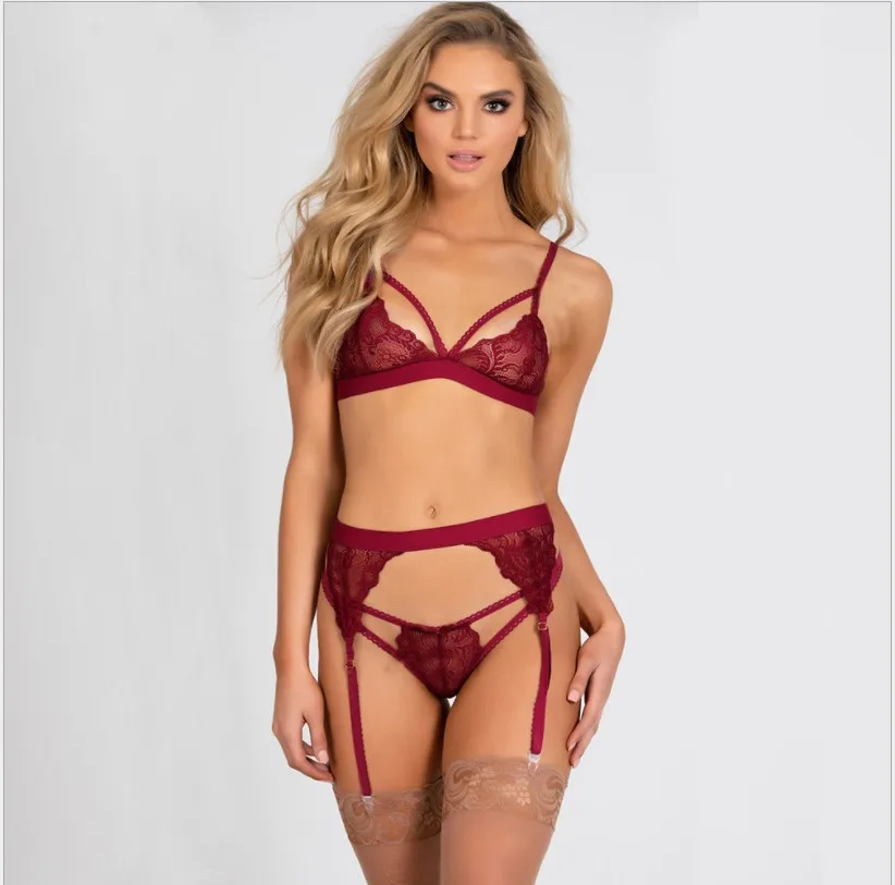  Dropshipping Quality mature hot lingerie erotic sexy women 3 pieces set black red 3xl plus size
