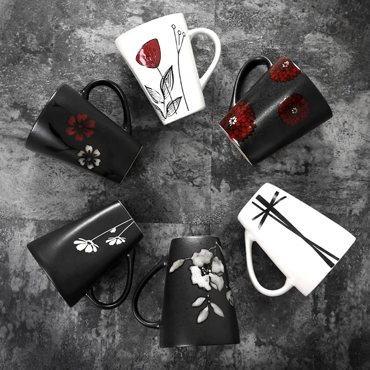 White V shape black stoneware 350ml ceramic coffee matt mug