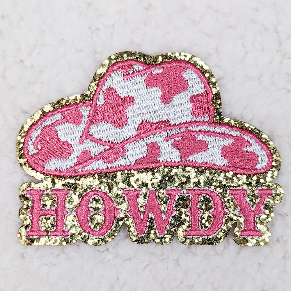 Custom Logo Embroidered Hat Iron On Pink Embroidery Letter Country Cowgirl Boot Western Howdy Cowboy Patch For Hat Jacket